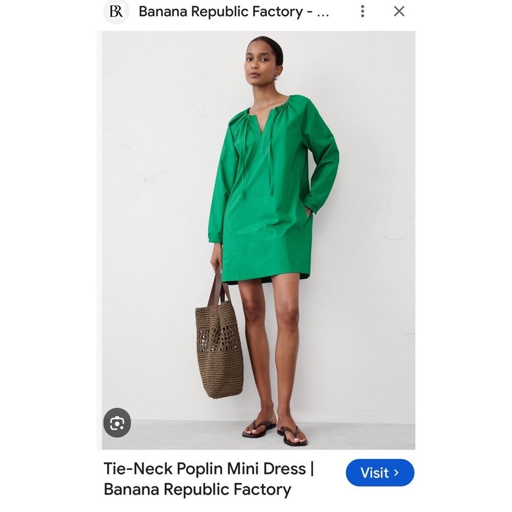 Banana Republic M Tie Neck Poplin Mini Dress Green Relaxed Body And Sleeves - Picture 2 of 7